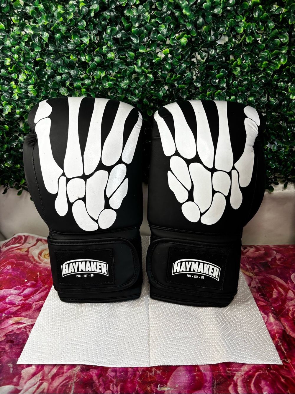 Haymaker 12 oz skeleton hands boxing gloves